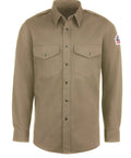 Heavy Duty Flame Resistant Work Shirt Built Tough For The Daily Grind With 7 Oz Cotton Snap Front Closures and NFPA 2112 compliant tan shirt with button pockets.