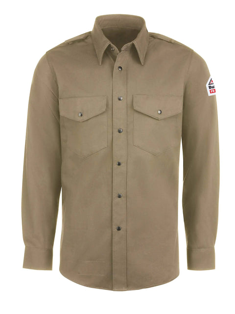 Heavy Duty Flame Resistant Work Shirt Built Tough For The Daily Grind With 7 Oz Cotton Snap Front Closures and NFPA 2112 compliant tan shirt with button pockets.