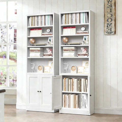 Slick 7 Tier Metal Bookcase 71 Inch White With Doors Industrial Display Shelf Unit in a room, decorated with books and decor