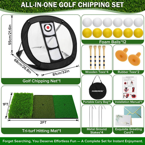 Golf Chipping Net With Tri Turf Hitting Mat Set Foldable Practice Target 12 Foam Balls 6 Tees Carry Bag Indoor Outdoor