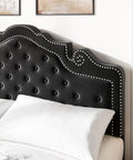 Queen Bed Frame With Fly Velvet Upholstery, Adjustable Diamond Tufted Headboard, Heavy Duty Steel Accents, Solid Wood Slat Base, Skip The Box Spring, Fast Fix Assembly, Sleek Matte Black headboard with diamond tufting and silver studs.