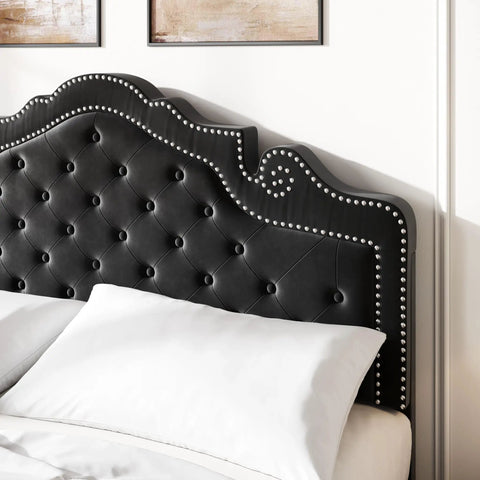 Queen Bed Frame With Fly Velvet Upholstery, Adjustable Diamond Tufted Headboard, Heavy Duty Steel Accents, Solid Wood Slat Base, Skip The Box Spring, Fast Fix Assembly, Sleek Matte Black headboard with diamond tufting and silver studs.