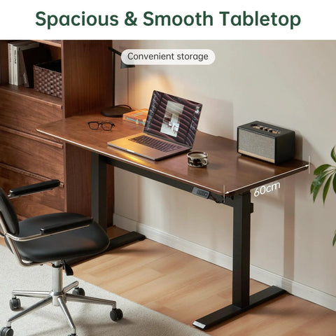 Top Shelf Electric Standing Desk With Ultra Wide Worktop Effortless Height Adjustment Hidden Wire Basket Natural Walnut Finish, 60cm desktop with sleek laptop setup.
