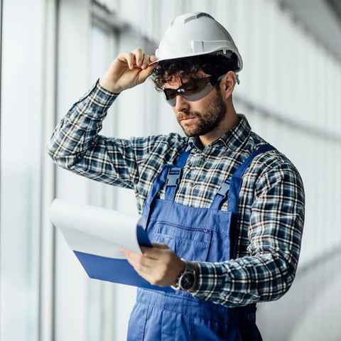 Man in plaid shirt and hard hat wearing Tough As Nails Wraparound Safety Glasses For Men And Women 12 Pack Gradient Gray, reviewing plans.