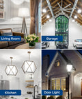 Living room, garage, kitchen, and outdoor door light settings showcasing Go To Ultra Bright 300W Equivalent LED Bulbs With 4060 Lumens Daylight 5000K, 33W Energy Saving, Non Dimmable E26 Base 120V For Garage Warehouse Shop Supermarket, 2 Pack.