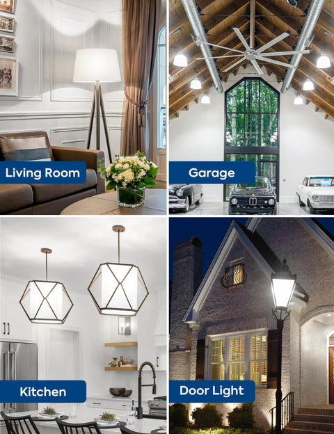 Living room, garage, kitchen, and outdoor door light settings showcasing Go To Ultra Bright 300W Equivalent LED Bulbs With 4060 Lumens Daylight 5000K, 33W Energy Saving, Non Dimmable E26 Base 120V For Garage Warehouse Shop Supermarket, 2 Pack.