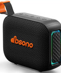 Black portable waterproof Bluetooth speaker with IPX5 rating, beast bass, and built-in lights, showing side view with orange strap