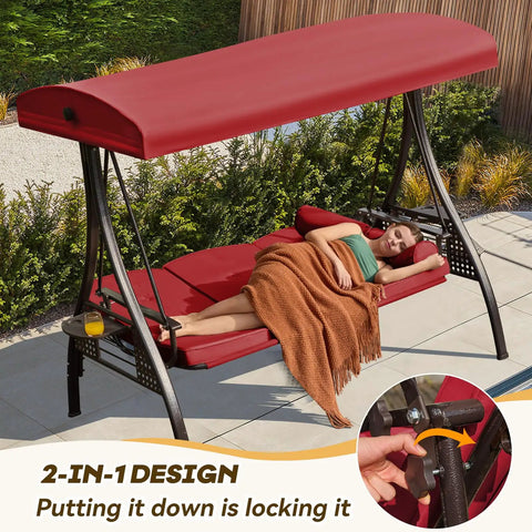 3 In 1 Outdoor Porch Swing With Adjustable Canopy For Adults, Cozy 3 Seat Patio Swing With Thick Cushions, Wine Red