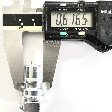 Heavy Duty Hydraulic Quick Coupler Dust Cap And Plug Set 8 Pack For 3/8 Inch ISO Fittings shown with caliper measurement