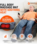 Man relaxing on Full Body Massage Mat With Heat And Shiatsu Vibration for recliner; includes detachable pillow, showcases 9 modes and intensities.