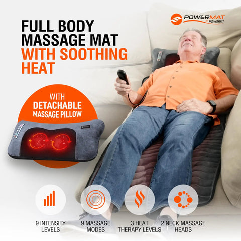 Man relaxing on Full Body Massage Mat With Heat And Shiatsu Vibration for recliner; includes detachable pillow, showcases 9 modes and intensities.