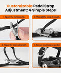 Adjusting toe cage bike pedals for regular or clipless shoes, 9 16 inch spindle with step-by-step strap instructions.