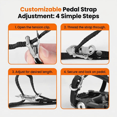 Four steps to adjust straps on Dual Function SPD Bike Pedals With Toe Cages And Straps Nine Sixteenth Inch Alloy Spindle, showing clips