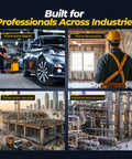 Collage of automotive repair, home renovation, construction services, and industrial maintenance scenes.