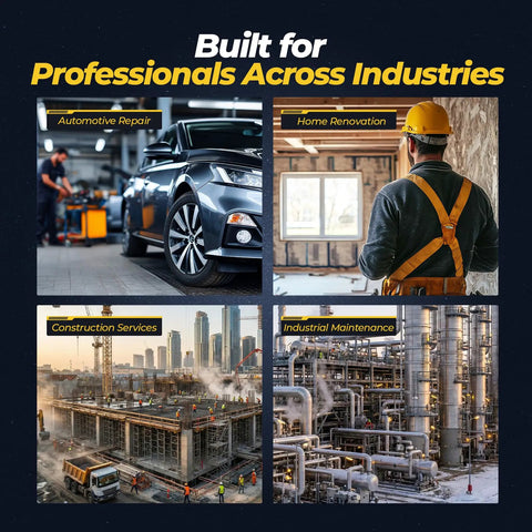 Collage of automotive repair, home renovation, construction services, and industrial maintenance scenes.