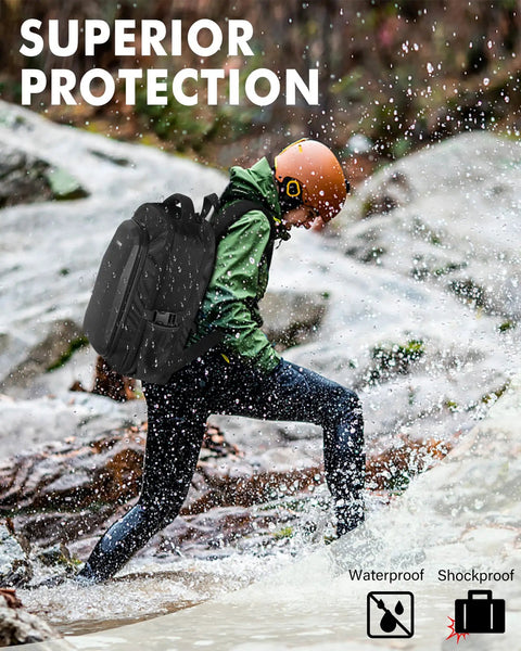 Person hiking with Waterproof Hard Case For DJI Mini 4 Pro And Mini 3 Pro, Rugged Drone Travel Backpack With 15.6 Inch Laptop Slot