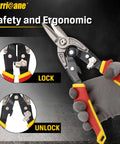 Person holding 10 Inch Aviation Snips With Safety Lock And CR-MO Blades For Straight Cutting Metal Sheets Perfect For HVAC Sheet Metal And Home DIY Projects For Pros And DIYers, showing lock mechanism close-up.