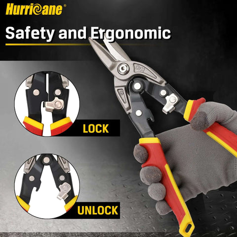 Person holding 10 Inch Aviation Snips With Safety Lock And CR-MO Blades For Straight Cutting Metal Sheets Perfect For HVAC Sheet Metal And Home DIY Projects For Pros And DIYers, showing lock mechanism close-up.