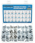 Grease Fittings 24 Size SAE And Metric Zerk Fitting Assortment Kit All In One For Straight 45 Degree And 90 Degree Nipples Includes One Quarter Inch One Eighth Inch Five Sixteenth Inch Three Eighths Inch Galvanized Steel in a clear plastic case.
