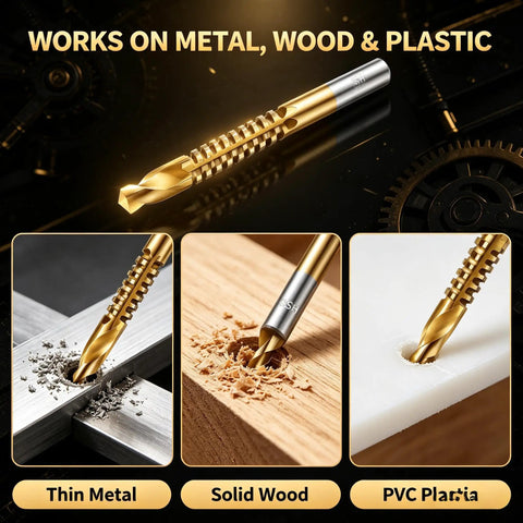 Image of Six Piece Top Shelf Twist Drill Bit Set With Serrated Side Cutting Edges for wood, metal, and plastic projects.
