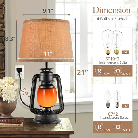 Rustic Lantern Table Lamps Pair 21 Inch Tall Farmhouse Style Lamps With Vintage Coffee Brown Glass Shade For Living Room Nightstand End Table Bedroom Setup 4 Bulbs Included, visible on wooden table near window with size details and bulb information.