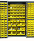 Deep Door Industrial Storage Cabinet With 144 Yellow Plastic Bins, heavy duty metal frame, organized for tools and small parts.