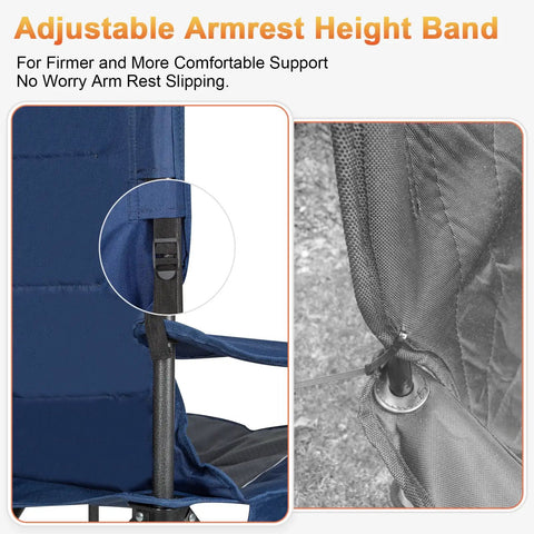 Oversized Camping Chairs With Heavy Duty 500 Lb Capacity, Padded Back And Armrests, adjustable armrest feature shown