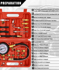 Front view of red plastic fuel pressure tester kit in open case with gauge, hoses and brass adapters.