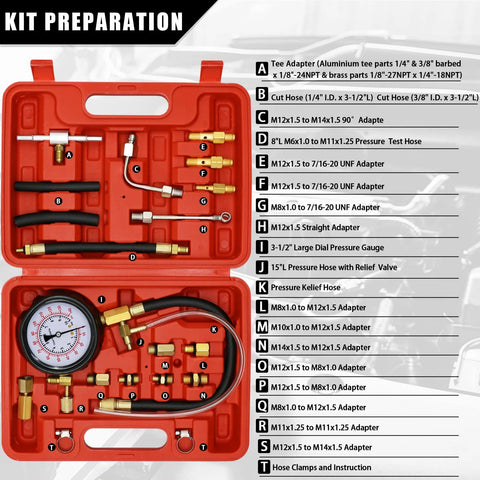 Front view of red plastic fuel pressure tester kit in open case with gauge, hoses and brass adapters.