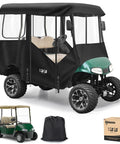 Top Shelf Golf Cart Enclosure For Ezgo Rxv Four Passenger Eighty Inch Extended Roof, black weatherproof cover on golf cart.