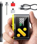 Mini Bike Pump With Gauge Auto Stop 120 Psi Portable hand pump in hand with accessories including adapters and USB cable