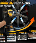 Daily Driver Half Inch Cordless Impact Wrench Kicks Loose Rusted Bolts Using A Smooth Brushless Motor Producing Nine Hundred Fifty Eight Foot Pounds Of Torque Includes Dual Heavy Duty Batteries And Fast Charger For Home Builds with tire and wrench in action.
