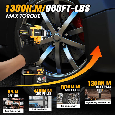 Daily Driver Half Inch Cordless Impact Wrench Kicks Loose Rusted Bolts Using A Smooth Brushless Motor Producing Nine Hundred Fifty Eight Foot Pounds Of Torque Includes Dual Heavy Duty Batteries And Fast Charger For Home Builds with tire and wrench in action.