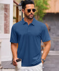 Man wearing Mens Polo Shirt Cotton Pique Short Sleeve 3 Button Closure, Classic Fit Athletic Performance Golf Tee in Blue Gray Large