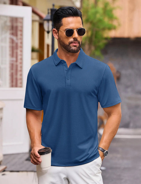 Man wearing Mens Polo Shirt Cotton Pique Short Sleeve 3 Button Closure, Classic Fit Athletic Performance Golf Tee in Blue Gray Large