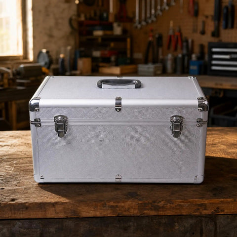 Heavy Duty Silver Metal Tool Box With Reinforced Corners Secure Carry Handle Tough As Nails For Workshop And Field Repair Jobs Keeps All Gear Locked And Loaded on wooden surface.