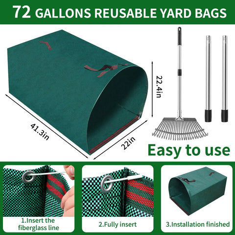 Heavy Duty Garden Rake Set 62 Inch Rake With 72 Gallon Leaf Bag 18 Inch Wide 25 Tines Metal Rake Adjustable Handle Gloves