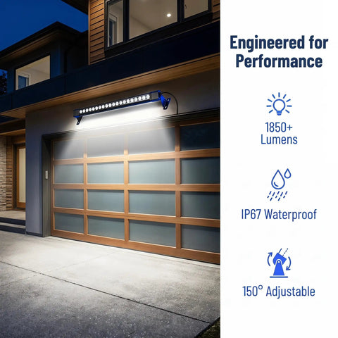 36W LED Wall Washer Light Bars, 2ft 5000K Daylight Outdoor Wall Washer Lights, illuminating a garage at night, 120V IP67