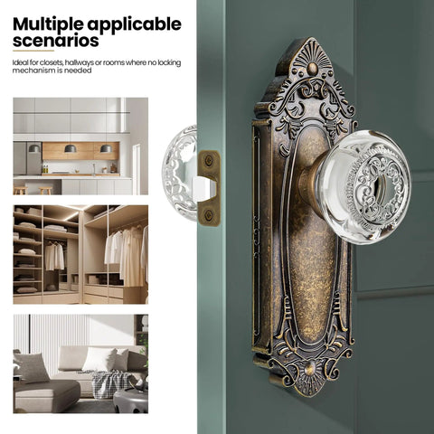 Crystal Door Knob Set With Antique Brass Base Vintage Passage Glass Door Handles For Bedroom Bathroom Hallway And Closet