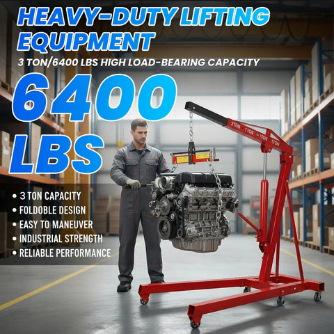 Easy Roll Three Ton Folding Hydraulic Engine Hoist Packs A Beastly Nine Ton Pump And Four Swift Casters Heavy Duty Alloy Steel Cherry Picker Crane lifting engine in auto shop.