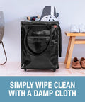 90L Collapsible Rolling Tote With Wheels For Groceries And Laundry, shown parked beside shoes and a skateboard