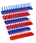 Six Piece SAE And Metric Socket Tray Set For Quarter, Three Eighths, And Half Inch Drives Deep And Shallow Socket Organizer Red Blue