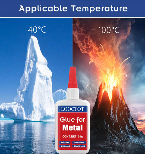 Metal Glue For Small Repairs DIY Ready Quick Dry Waterproof Bonding For Metals And Other Materials Instant Adhesion In Ten To Thirty Seconds Clear High Strength Formula With Anti Clog Cap bottle against icy and volcanic background showing temperature range -40°C to 100°C.