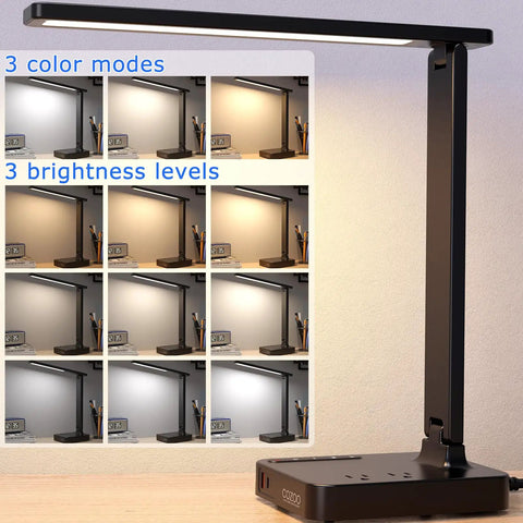 Modern LED Desk Lamp With USB Ports And Type C, Two AC Outlets, 3 Lighting Modes, 3 Brightness Levels, Touch Control Display