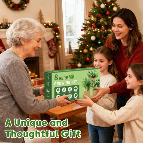 Family exchanging Ultimate Easy-Peasy 8 Herb Indoor Garden Starter Kit for Newbies with Seeds Dill Sage Mint Parsley in festive room.