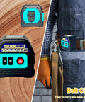 Tough 2IN1 Green Laser Tape Measure 262FT Digital Distance Meter displayed with belt clip on worker's tool belt.