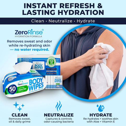 No Rinse Bath Wipes For Adults XL Thick Cleansing Wipes Bundle used for arm cleansing, showcasing package and hygiene benefits.