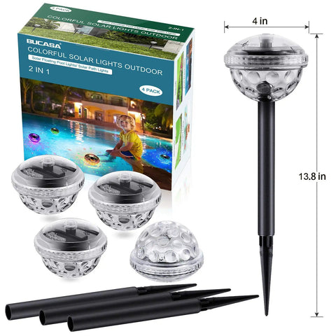 Solar Pathway Lights Outdoor 4 Pack With Auto Color Changing Waterproof Super Bright LED Path Lights For Yard Driveway Walkway Landscape Party Decor Christmas Decoration, showing four color-changing lights with stakes beside product box and measurements.
