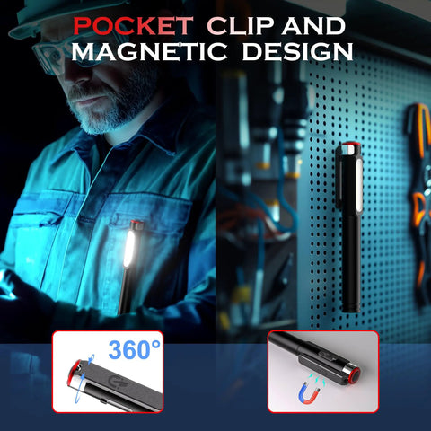 Rechargeable Pen Light With 800 Lumens LED, magnetic clip, pocket size shown attached to clothing and toolbox.