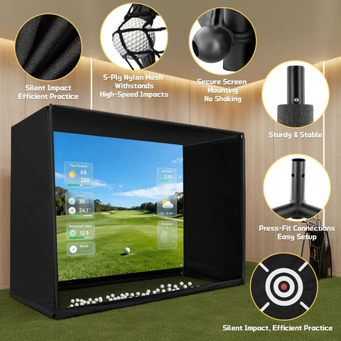 Indoor Golf Simulator Enclosure Net Kit 10x8ft With HD Impact Screen Sturdy Foam Filled Frame Pro Grade Practice Cage